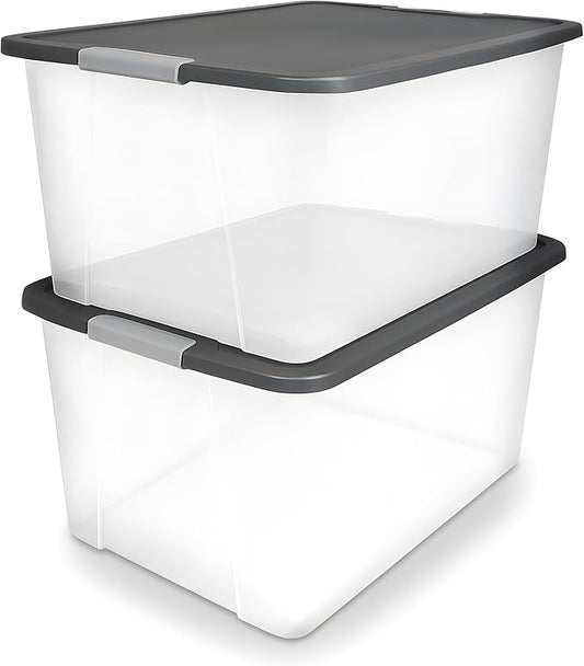HOMZ 2-Pack Secure Latch, Clear Plastic Storage Organizer Bins, 64 Quart, Gray Lid - Heavy-Duty Container Boxes with Lids for Home, Office, and Garage