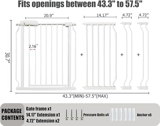 Extra Wide Baby Gate, 52.7-57.5 Inch, Large Walk Through, White Metal, Pressure Mounted, Long Safety Dog Gate for House Doorways & Stairs, 30 Inch Tall