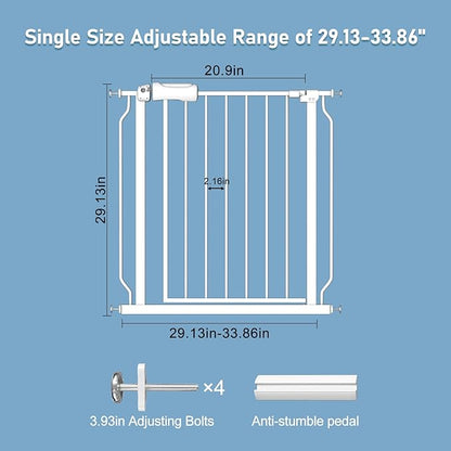 ALLAIBB Narrow Walk Through Baby Gate Auto Close Tension White Metal Child Pet Safety Gates with Pressure Mount for Stairs,Doorways and Baniste(29.13-33.86"/74-86cm)