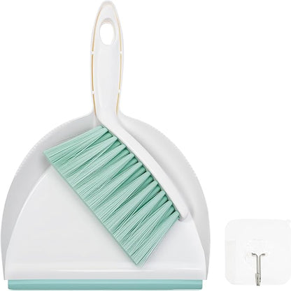 Mini Broom and Dustpan, Plus an Adhesive Hook Set, 7" Dustpan Opening, Bristles for Hair and Small Debris, Mini Portable Hand Brush for Pet, Sofa, Desk, Kitchen (White & Fern Green)