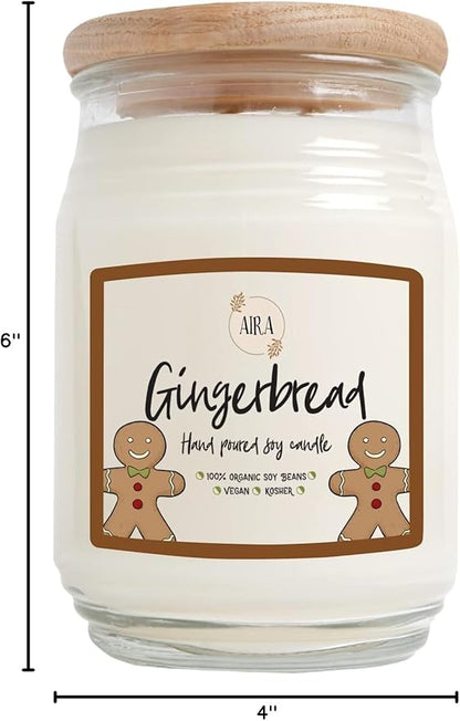 Aira Holiday Soy Candles - Organic, Kosher, Vegan, Farmhouse Candle w/Aromatherapy Essential Oils - Hand-Poured 100% Soy Candle Wax - Paraffin Free, Burns 150+ Hours - Gingerbread - 20 Ounces