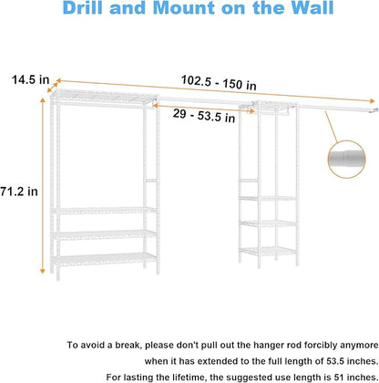 Ulif E11 Heavy-Duty Garment Rack, Metal Freestanding Clothes Rack and Closet Storage Organizer with 8 Shelves and 4 Hanger Rods, (73.2 - 97.6)"W x 14.5"D x 71.2"H, Load 1034 LBS, White