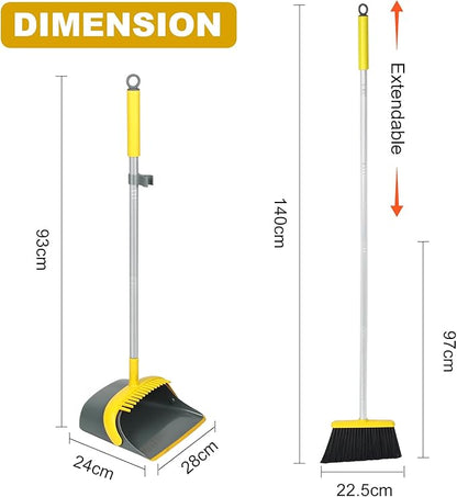 Broom and Dustpan Set with 54 Inch Long Handle - Perfect Dust Pan and Brush Combo for Home Efficient Cleaning (Yellow and Grey)