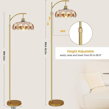Arc Floor Lamp for Living Room Gold Floor Lamp with Remote Control,Dimmable Floor Lamps Glass Lamp Shades Vintage Standing Lamp with 3 Color Temperature Tall Flower Lamps for Bedroom