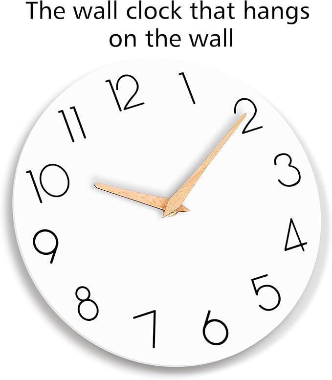 Wall Clock, 12 Inch Wooden Silent Non-Ticking, Decorative Battery Operated Wall Clocks for Bedroom, Kitchen, Home, Living Room, Office, School, Hotel (White)