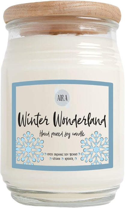 Aira Soy Candles - Organic, Kosher, Vegan, in Farmhouse Jar w/Essential Oil Blends - Hand-Poured Winter Candle - 100% Soy Candle Wax - Paraffin Free, Burns 150+ Hours - Winter Wonderland - 16 Ounces