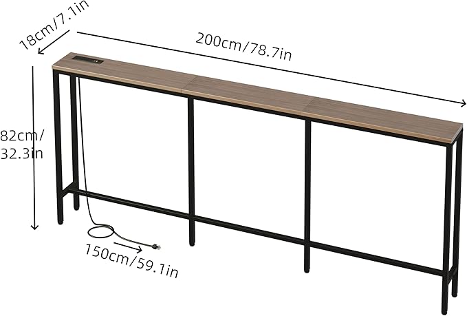 78.7" Behind Couch Table with Fast Charging Station, 7.1" Narrow Skinny Sofa Table with 2 Power Outlets, 2 USB-A, USB-C for Console Entryway, Black Oak