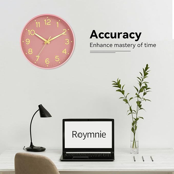 Silent Wall Clocks Battery Operated 10 Inch-Modern Non Ticking Analog Clock Decorative for Kitchen Office Bathroom Bedroom(Pink Gold)