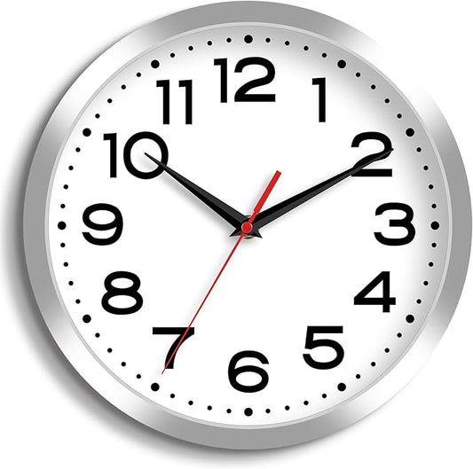 Wall Clock Silent Non-Ticking Modern Clock Battery Operated 12 Inch Small Classic Analog Decorative for Kitchen, Bathroom, Office, Bedroom, Home(Silver)