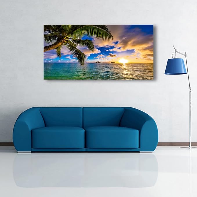 Seascape Sunset Pictures Canvas Wall Art For Living Room Bedroom Wall Decor,Palm Wall Art Print Paitnings For Home Decor,Morden Artwork Coconut Tree Canvas Art Waterproof Ready To Hang-28x57 Inches
