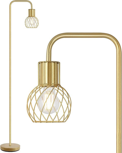Brass Gold Standing Floor Lamp for Living Room - Modern Industrial Design with 6W LED Bulb, Foot Switch, Metal Tall Stand, Minimalist Farmhouse Boho Style for Bedroom & Office
