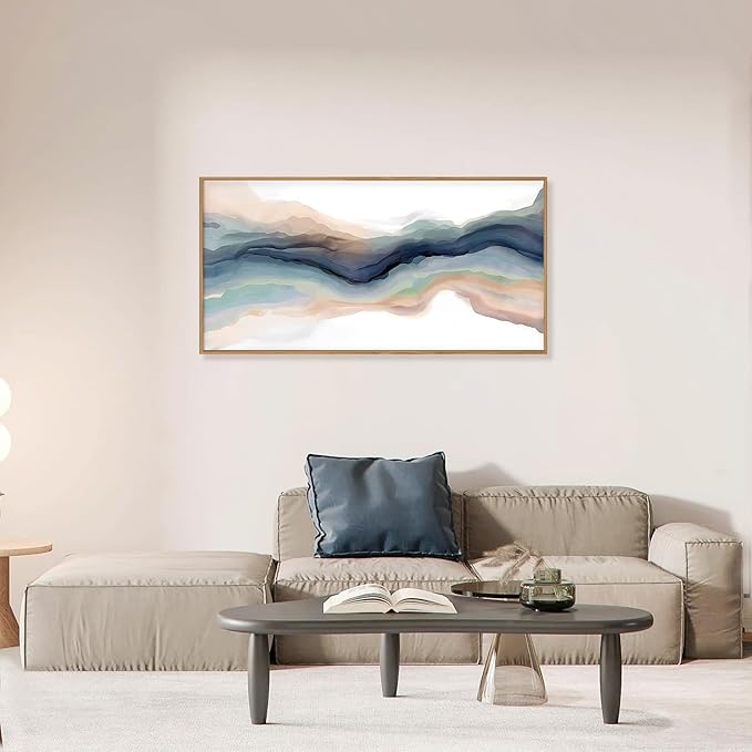 HLNIUC Blue Abstract Wall Art, Watercolor Line 40"x20" Framed Art, Modern Wave Canvas Wall Decor, Natural Landscape Paint Stroke Prints for Living Room, Bedroom, Office