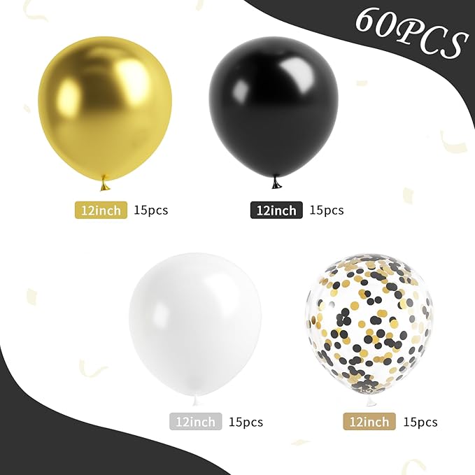 Metallic Gold and Premium Latex Black White Balloons, 60Pcs 12 Inch Black Gold Confetti Balloons with Black and Gold Ribbons Set for Birthday Graduation Baby Shower Wedding Party Decorations