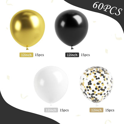 Metallic Gold and Premium Latex Black White Balloons, 60Pcs 12 Inch Black Gold Confetti Balloons with Black and Gold Ribbons Set for Birthday Graduation Baby Shower Wedding Party Decorations