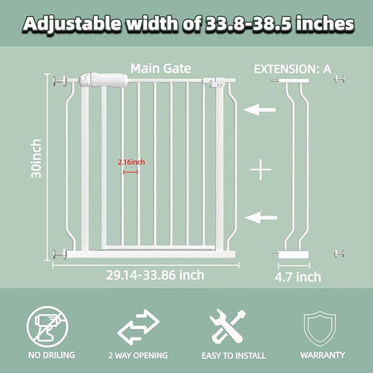 TSAYAWA Extra Wide Baby Gate with Door,33.8-38.5 Inch Walk Through Large Long Child Gates for Stair Doorway - Indoor Outdoor Safty Gate for Toddler Pet Dog Doggie White