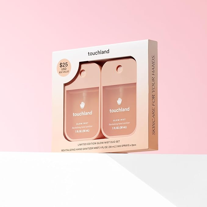 Touchland Limited Edition Glow Mist Duo Set, Revitalizing Hand Sanitizer Spray, Rosewater scented, 1FL. OZ. Travel Size (Set of 2)