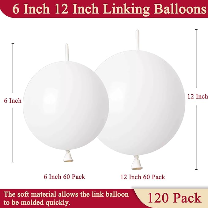 White Link Balloons 6 Inch 12 Inch 120 Pcs Latex Linking Balloons for Birthday Wedding Party Festival Decorations