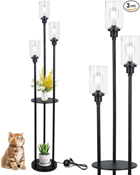 HMVPL Floor Lamps for Living Room, 3-Lights Modern Floor Lamp with Shelves, Farmhouse Standing Lamp with Glass Shades, On/Off Foot Switch, Black Industrial Tall Lamp for Bedroom Office Corner(66")