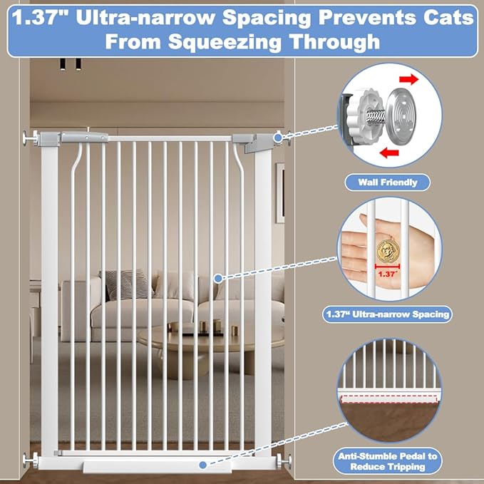 40.55" Extra Tall Baby Gate -40.6"-49.1" Extra Wide Baby Gate Pet Gate for Stairs and Doorways-1.37" Ultra Narrow Spacing Pressure Mounted Dog Gate with One-Handed Operation(40.6"-49.1")