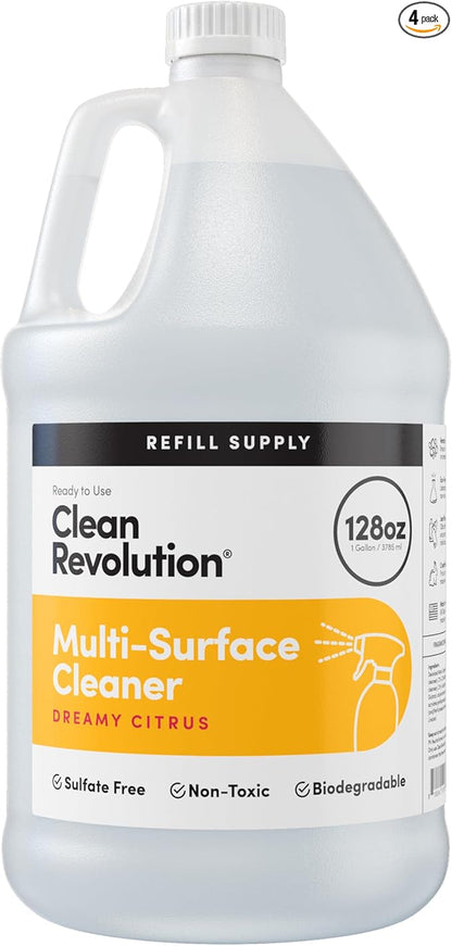 Clean Revolution Multi Surface Cleaner Refill Supply, Non-Toxic, Eco-Friendly & Plant-Based, Ready to Use, Dreamy Citrus, 128 Fl Oz (Pack of 4)