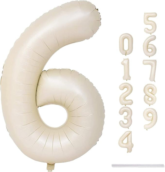 Cream Number Balloons, 40inch Large Beige Number 6 Foil Mylar Helium Balloons for Girls Women, Ivory White Self Inflating Number Balloons 0-9 for Men Boys Birthday Party Celebration Decoration