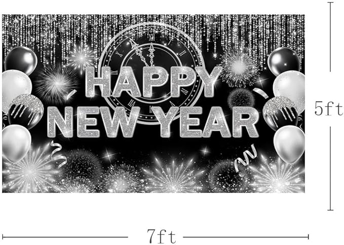 Black Silver Happy New Year Backdrop 2026 Kiss Me at Midnight Photography Background Cheers to The New Year Eve Hello 2026 Party Decorations Firework Banner Photo Props 7X5ft