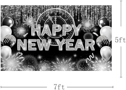 Black Silver Happy New Year Backdrop 2026 Kiss Me at Midnight Photography Background Cheers to The New Year Eve Hello 2026 Party Decorations Firework Banner Photo Props 7X5ft