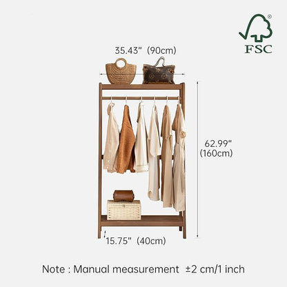 Solid Wood Clothes Rack, Clothing Rack with 2 Shelves Storage, Floor-Standing Coat Rack for Bedroom, Living Room, Entryway,Walnut