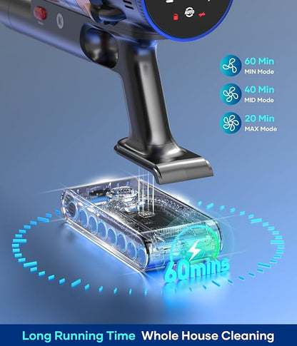 Cordless Vacuum Cleaner, 550W 45Kpa 60Mins Vacuum Cleaners for Home, Stick Vacuum with Intelligent Display, Anti-Tangle & Auto Mode, Rechargeable Vacuum for Pet Hair Carpet Hardwood Floor