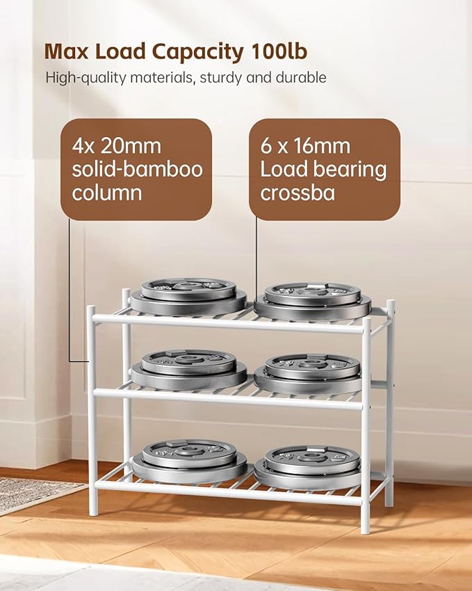 Bamboo Shoe Rack for Closet Small Wooden Shoe Organizer with Pouch, Sturdy Wood Shoe Shelf for Front Door Entrance Entryway and Outdoor, 26 inch Wide (White, 3-Tier)