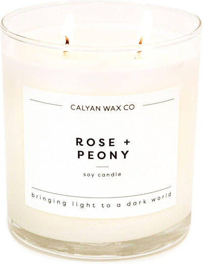 Calyan Wax Co. Rose & Peony 2 Wick Scented Candle - 37 Hour Burn - Luxury Non Toxic Soy Wax Candles - Long Lasting Large Glass Jar Candle for Home - 8.8oz