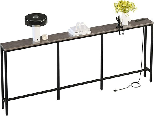 78.7" Behind Couch Table with Fast Charging Station, 7.1" Narrow Skinny Sofa Table with 2 Power Outlets, 2 USB-A, USB-C for Console Entryway, Black Oak