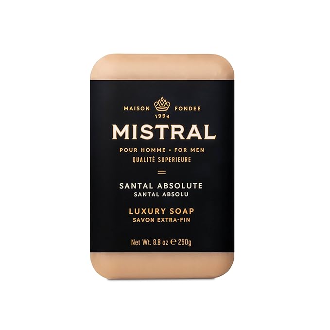 Mistral Santal Absolute Luxury Bar Soap for Men | Men’s Natural Soap Bar | Paraben, Phthalates Free | Moisturizing & Triple-Milled Natural Soap for Men - Made in France | Large, 8.8 oz