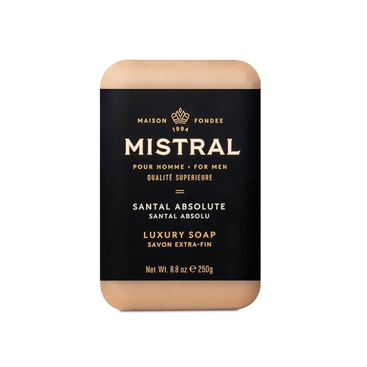 Mistral Santal Absolute Luxury Bar Soap for Men | Men’s Natural Soap Bar | Paraben, Phthalates Free | Moisturizing & Triple-Milled Natural Soap for Men - Made in France | Large, 8.8 oz