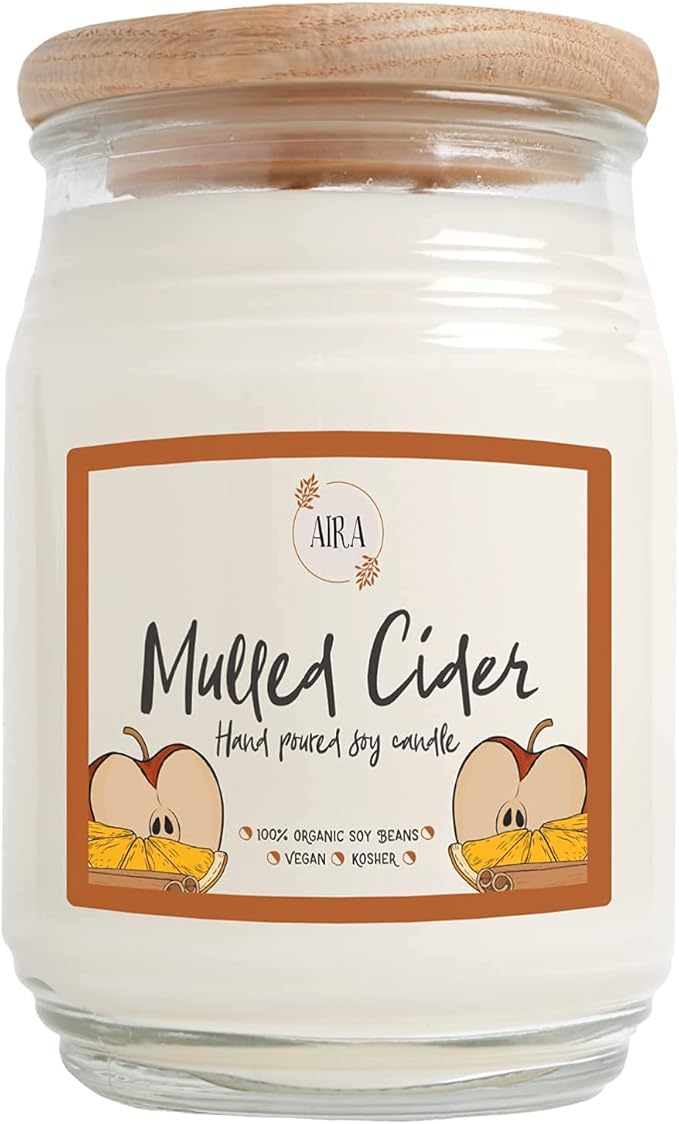 Aira Soy Candles - Organic, Kosher, Vegan, in Farmhouse Jar w/Essential Oils - Hand-Poured 100% Soy Candle - Double Wick, Paraffin Free, Burns 150+ Hours - Fall Candle - Mulled Cider - 20 Ounces