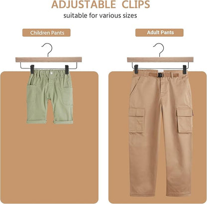 Nature Smile Deluxe Wooden Pants Hangers,Solid Rubber Wood Jeans Skirt Hanger Without Painting,with Adjustable Black Clips and Rotatable Hook,Pack of 10(Natural unvarnished)