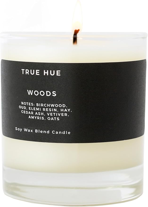 True Hue | Luxury Highly Scented Candle | Premium Soy Wax Blend | 7.75 oz | 40-50 Hour Burn Time | Cotton Wick | Natural Candles | Glass (Woods)