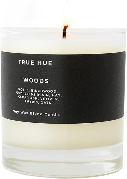 True Hue | Luxury Highly Scented Candle | Premium Soy Wax Blend | 7.75 oz | 40-50 Hour Burn Time | Cotton Wick | Natural Candles | Glass (Woods)