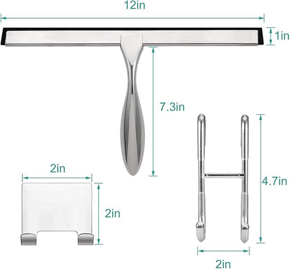 Shower Squeegee for Glass Doors,12-Inch Shower Glass Squeegee, Sliver Shower Squeegee for Shower Doors,Mirror,Windows, with Shower Door Hook and Adhesive Hook