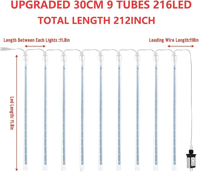 2-Pack Christmas Decorations Lights Outdoor, Total 432LED Meteor Shower Light with Timer, 30cm 18 Tubes Indoor Outdoor Snow Cascading String Light for Xmas Tree Party Garden Decor (Red White and Blue)