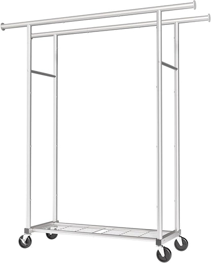 Mobile Double Rod Clothes Rack, Freestanding Garment Organizer with Medium Load Capacity and Bottom Storage Shelf for Home Use,Silver