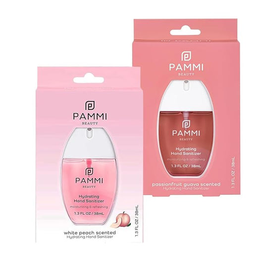 PAMMI Power Mist Hydrating Hand Sanitizer Spray, Portable Travel Size Pocket Hand Sanitizer, Scented Handsanitizer Mini Spray For Car - 600 Sprays (2 Packs (Guava, Peach))
