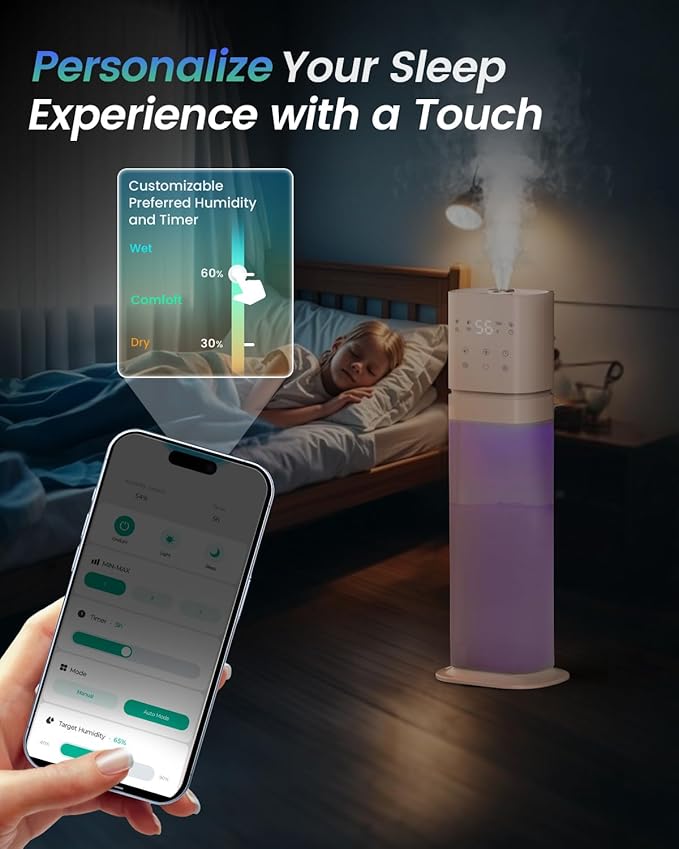 Smart Humidifier Large Room, 2.1Gal/8L Humidifiers for Bedroom with Extended Tube&Night Light, Whole House Cool Mist Humidifiers, WIFI App&Voice Control, School/Office/Warehouse, Pale Pink