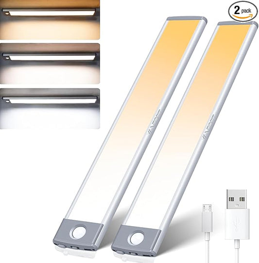 Under Cabinet Lights, Dimmable 60 LED Motion Sensor Light Indoor 2 Pack- Wireless USB Rechargeable, 3 Color Magnetic Closet Light for Kitchen, Wardrobe Storage