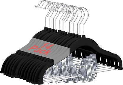 Baby Clothes Hangers with Clips, 14 Packs Kids Velvet Clothes Hangers, Heavy-Duty Childrens Hangers, Storage Organizer Clothing Hangers for Shirts, Pants, Skirts, Dresses, Jackets, Coat Black