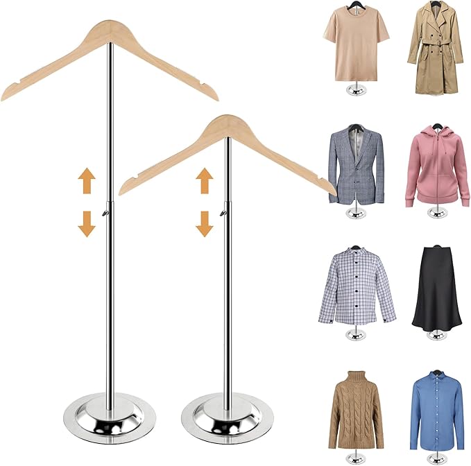 20-35 Inch Height Adjustable Shirt Display Stand, T Shirt Display Stand for Vendors, Shirt Rack for Clothing Dress Garment Coat Retail (Wooden-primary color, 2 Pcs)