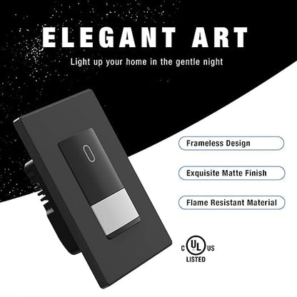 ELEGRP Occupancy Motion Sensor Light Switch, PIR Infrared Motion Activated Wall Switch, No Neutral Wire, Single Pole for CFL/LED/Incandescent Bulb, Wall Plate Included, UL Listed (1 Pack, Matte Black)