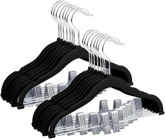 Stormix Baby Hangers, 24 Pack Non-Slip Kids Hangers with Clips - Heavy-Duty for Shirts, Pants, Skirts, Jackets, Coat (Black)
