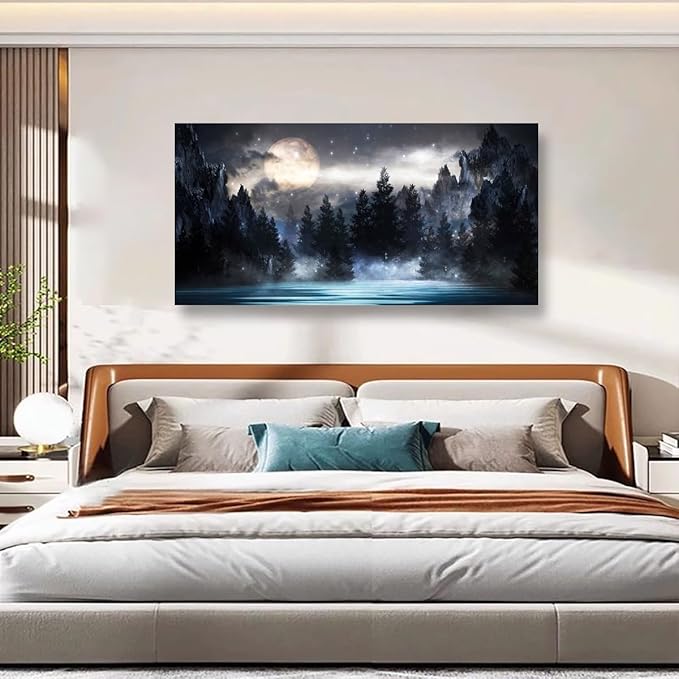 Mountain Moon Pictures Canvas Wall Art for Living room Office Bedroom Wall Decor,Moon Wall Art Print Paintings Modern Forest Nature Blue Lake Artwork Waterproof Ready to Hang-20x40inch