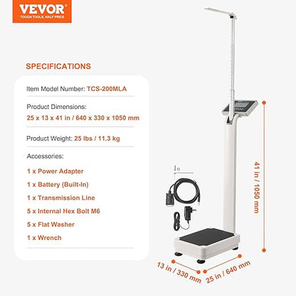 VEVOR Medical Digital Scale, Professional Physician Scale for Weight Height, Multi-Function Medical Physician Scale with Built-in Height Rod, 2 Unit (kg/lb), BMI for Home Hospital Gym, 500LBS Capacity